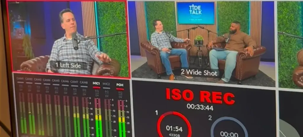 The live switching screen with camera angles and audio levels