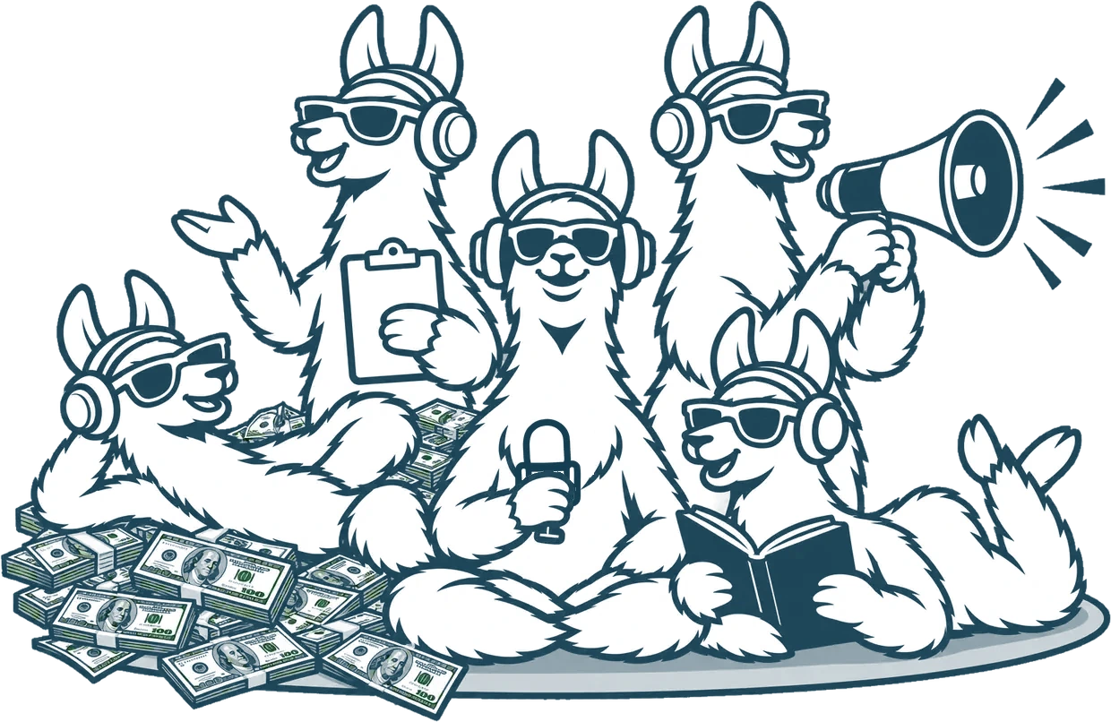 A pack of Skyllamas llamas: one relaxing on a pile of savings, one with the booking calendar, one recording on the mic, one promoting with a megaphone and one chilling