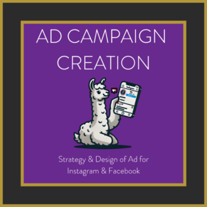 Llama holding a smartphone displaying social media ads, representing Ad Campaign Creation for Instagram and Facebook