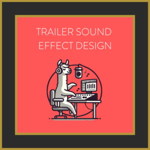 Llama designing sound effects for trailers at a computer workstation