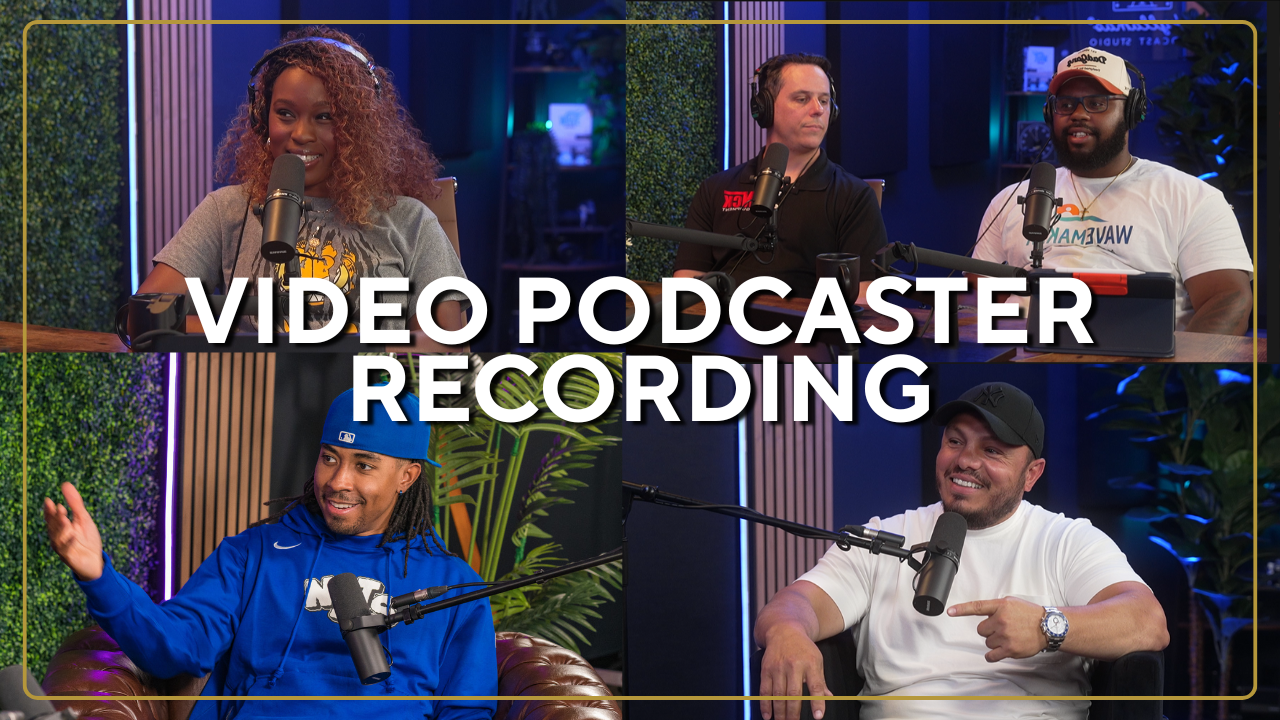 four people in a studio talking into a microphone recording a podcast